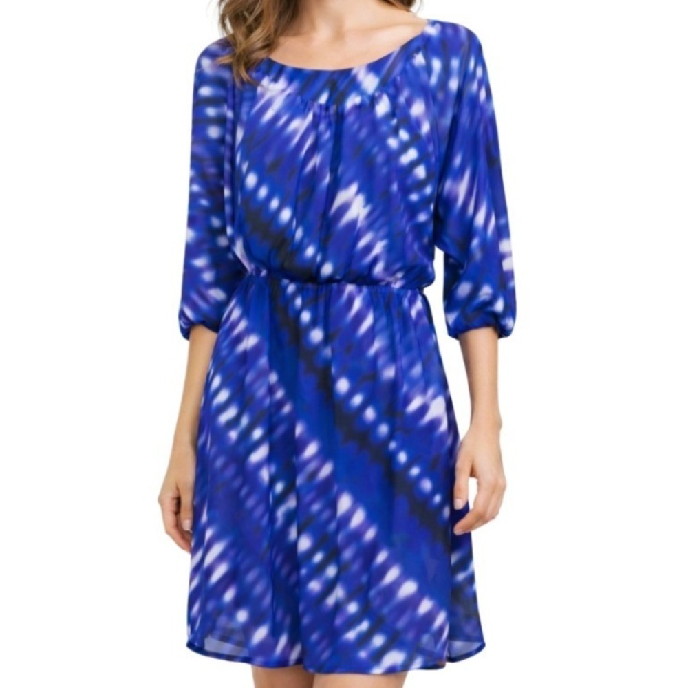 Express Blue Tie Dye Criss Cross‎ Back Sheer Chiffon Dolman Sleeve Mini Dress S